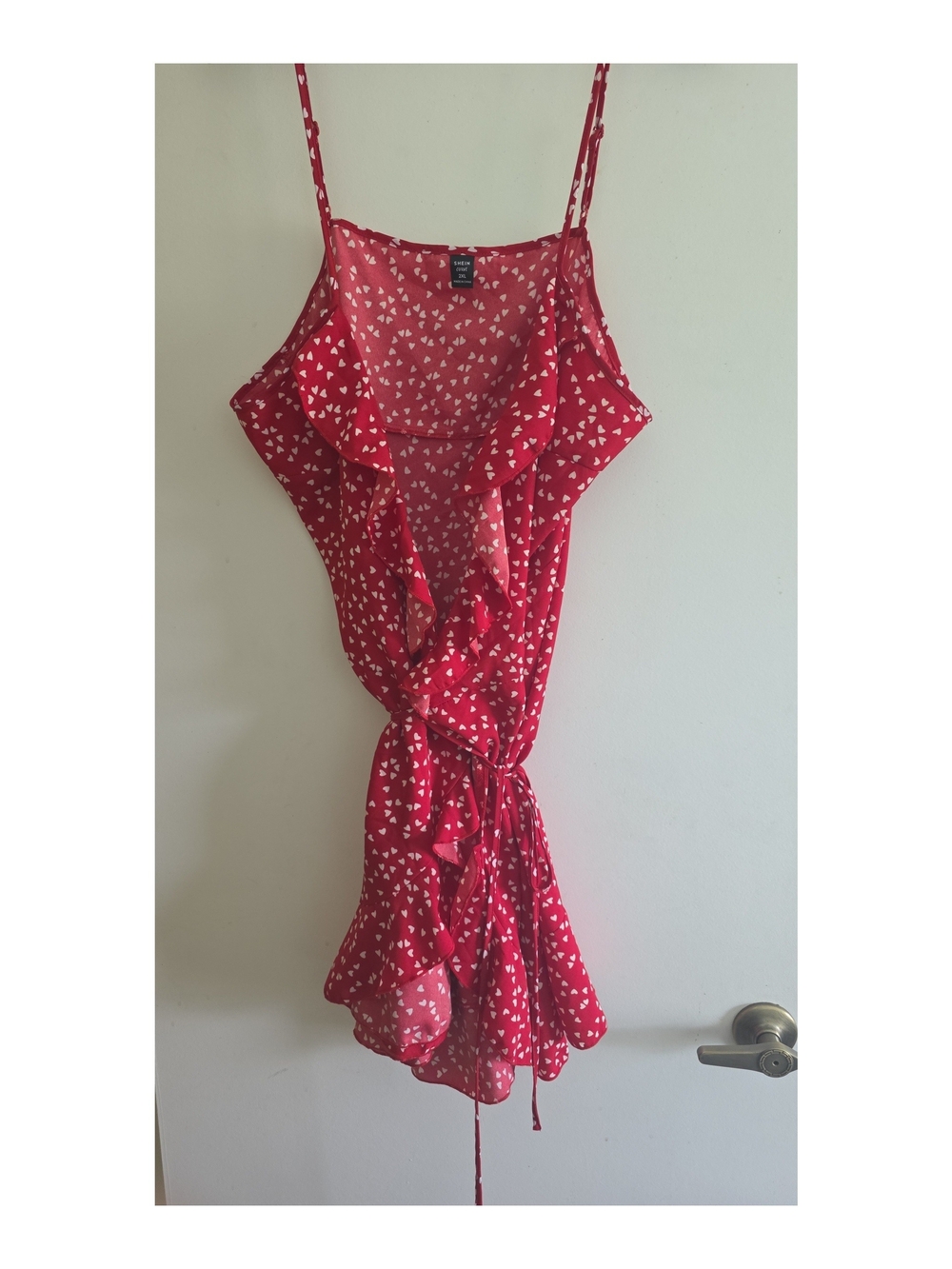 SHEIN Curve 2XL Red Heart Print Ruffle Tie-Side Wrap Cami Mini Dress